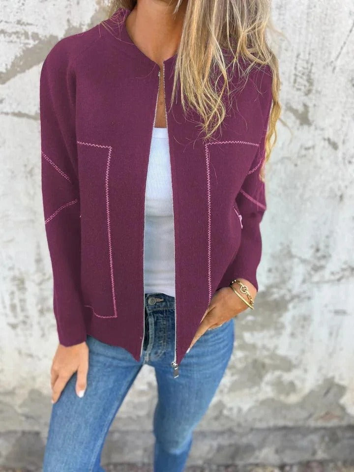 Women's knit bomber cardigan with zip front, long sleeves and patch pockets