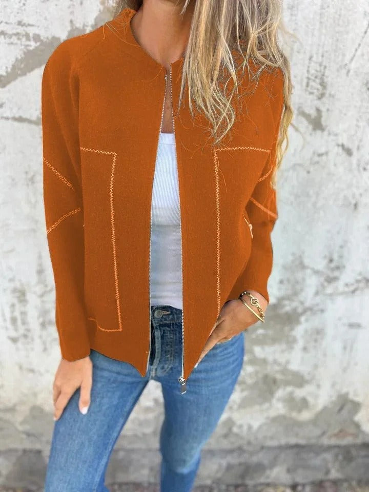 Women's knit bomber cardigan with zip front, long sleeves and patch pockets