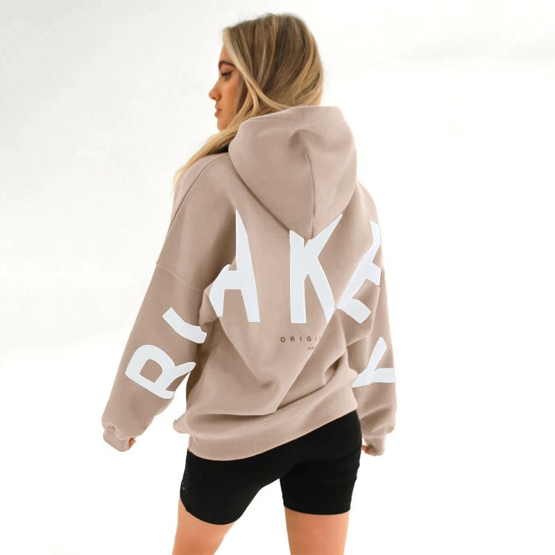 Women's hooded pullover with graphic back and sleeve print