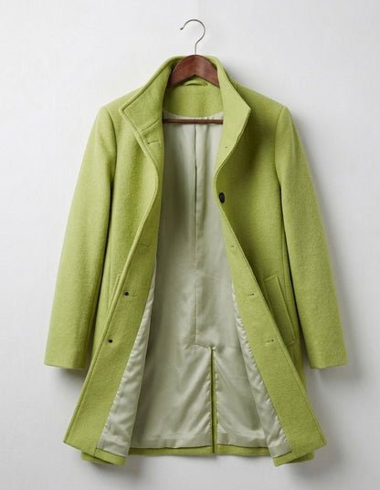 Women's tailored long coat with notched lapels, button front and angled pockets