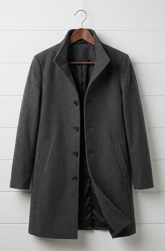 Women's tailored long coat with notched lapels, button front and angled pockets
