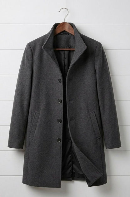Women's tailored long coat with notched lapels, button front and angled pockets