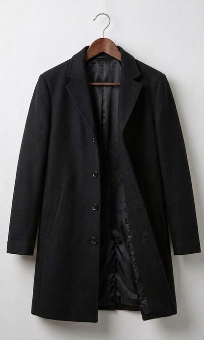 Women's tailored long coat with notched lapels, button front and angled pockets