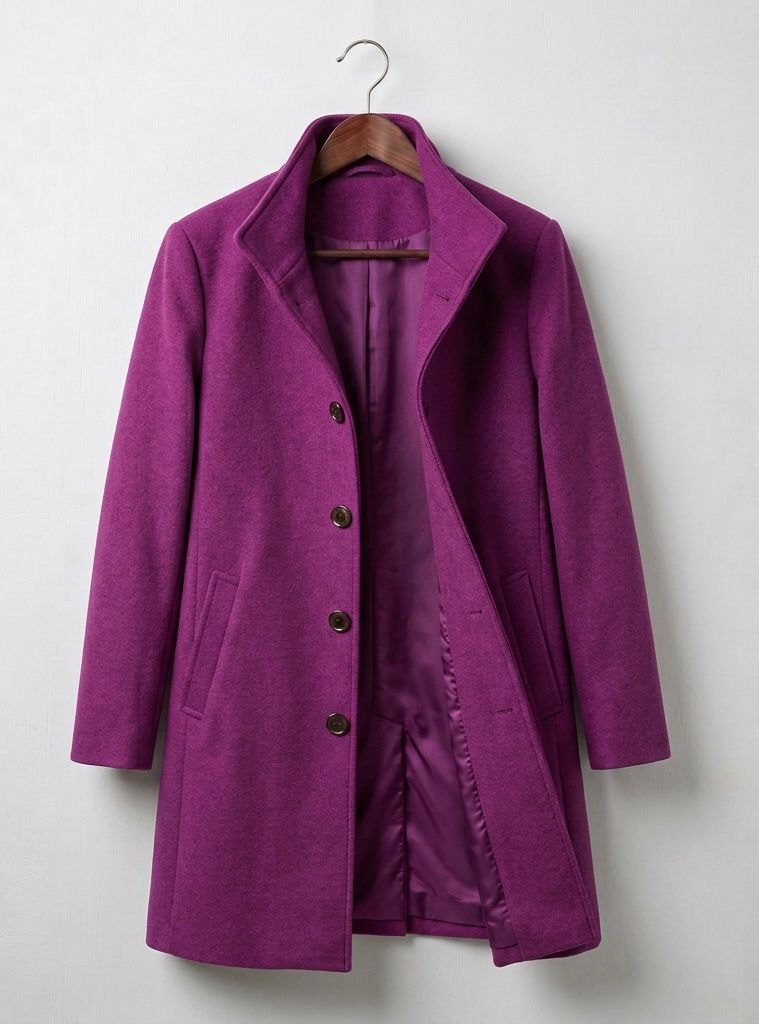 Women's tailored long coat with notched lapels, button front and angled pockets