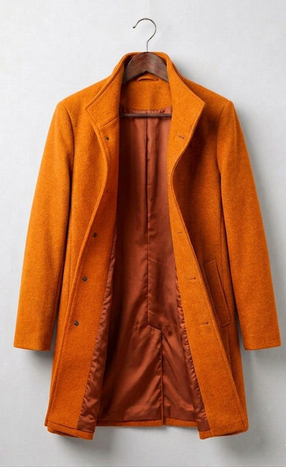 Women's tailored long coat with notched lapels, button front and angled pockets