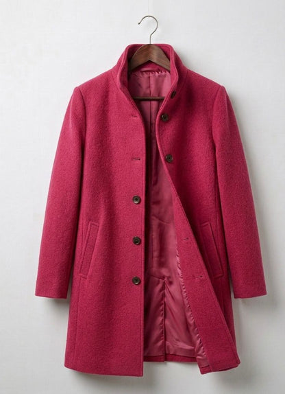 Women's tailored long coat with notched lapels, button front and angled pockets