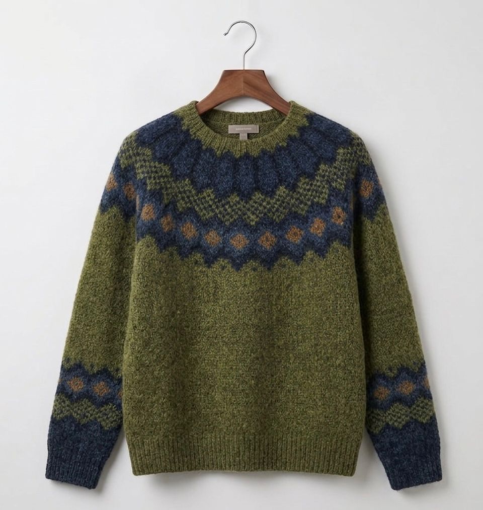 Women's green Nordic pattern knit sweater with long sleeves