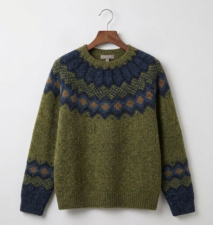 Women's green Nordic pattern knit sweater with long sleeves