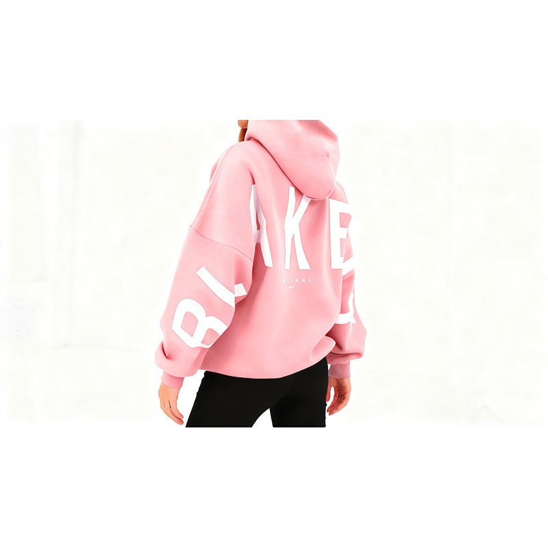 Women's hooded pullover with graphic back and sleeve print