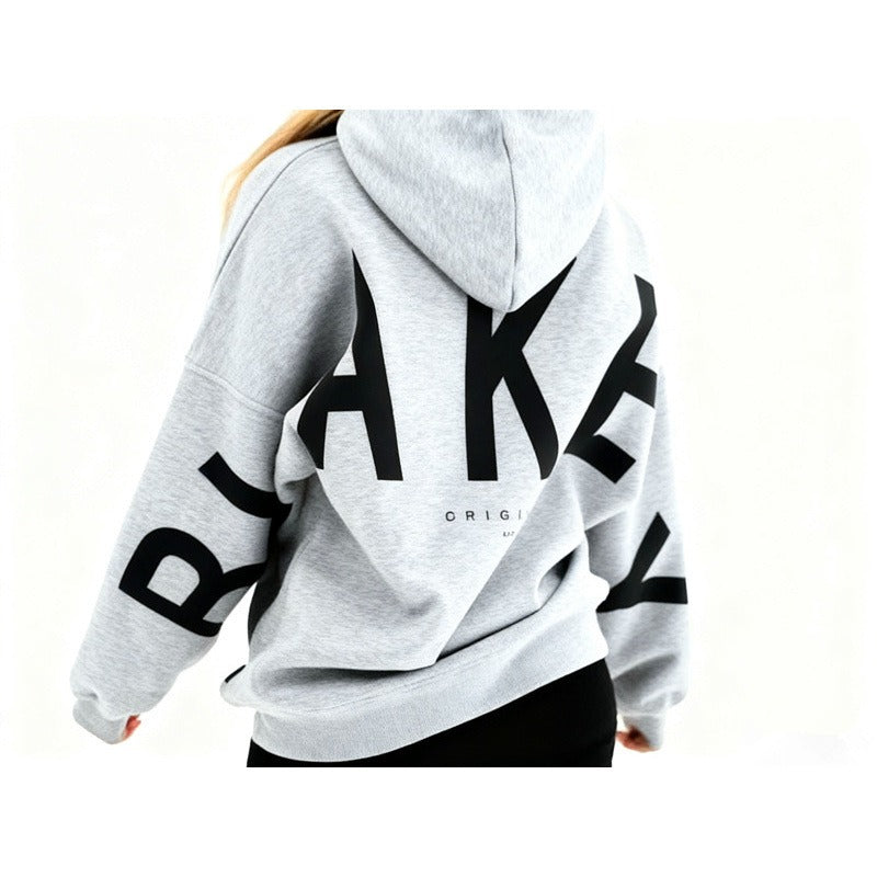 Women's hooded pullover with graphic back and sleeve print
