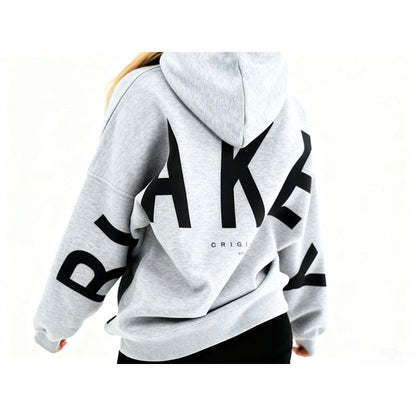 Women's hooded pullover with graphic back and sleeve print