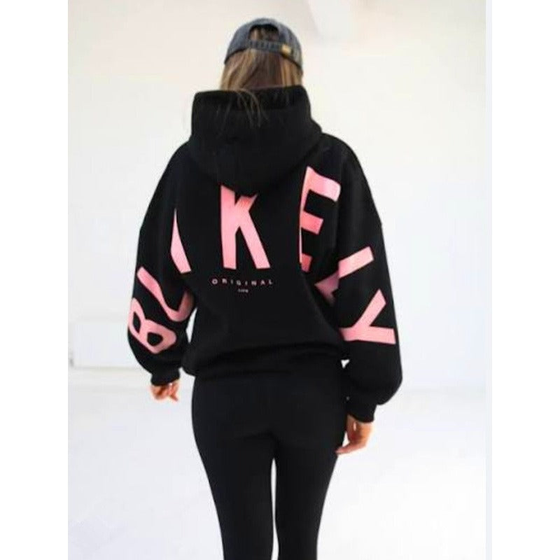 Women's hooded pullover with graphic back and sleeve print
