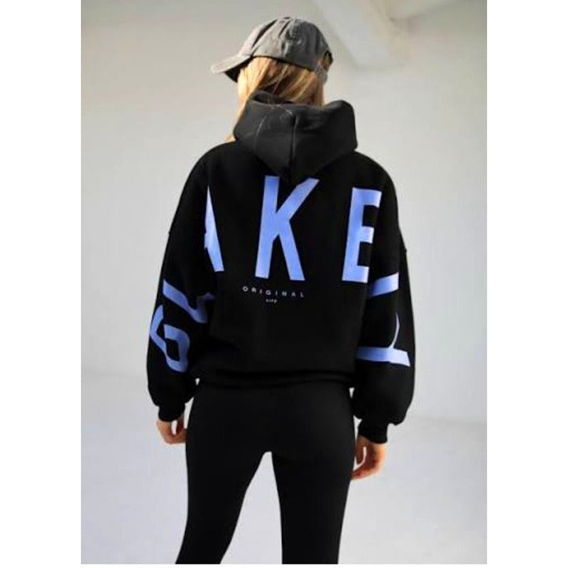 Women's hooded pullover with graphic back and sleeve print