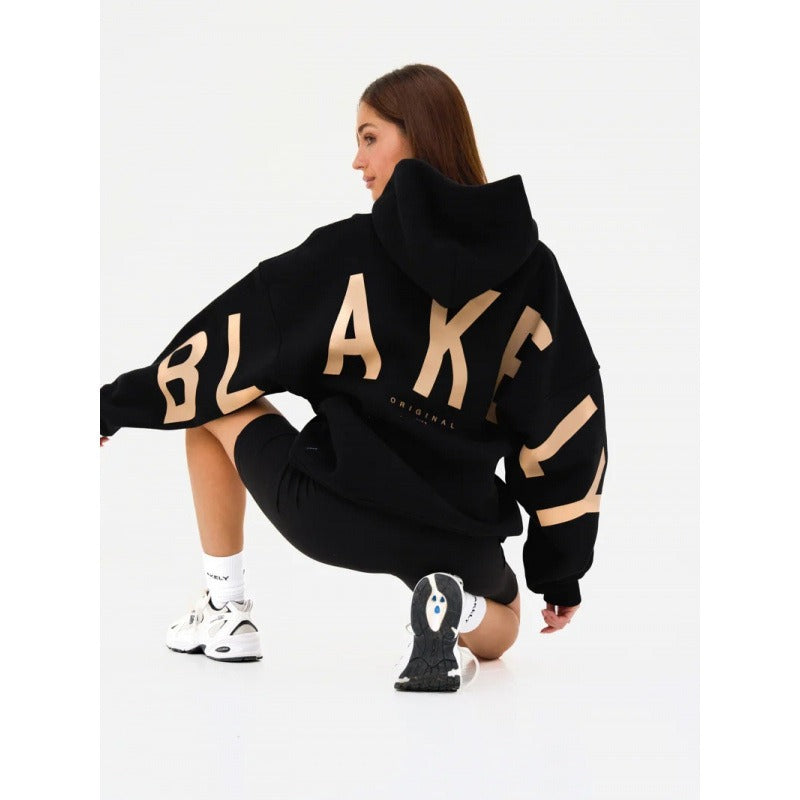 Women's hooded pullover with graphic back and sleeve print