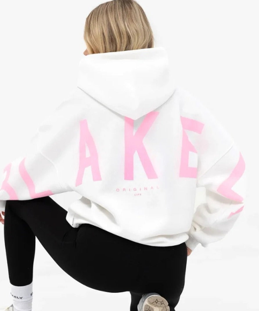 Women's hooded pullover with graphic back and sleeve print