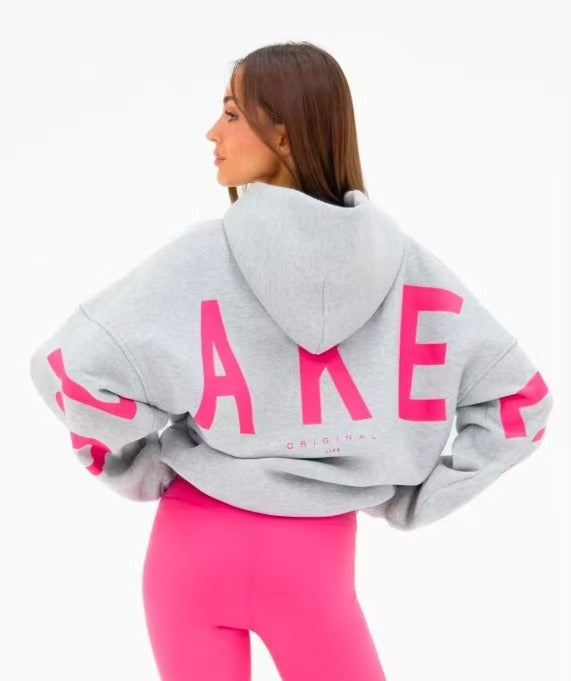 Women's hooded pullover with graphic back and sleeve print