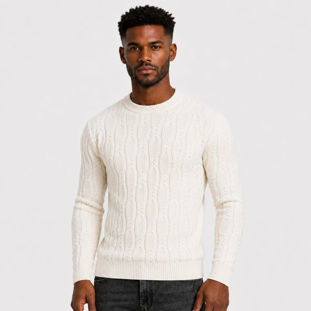 Men's cable knit crew neck sweater with long sleeves