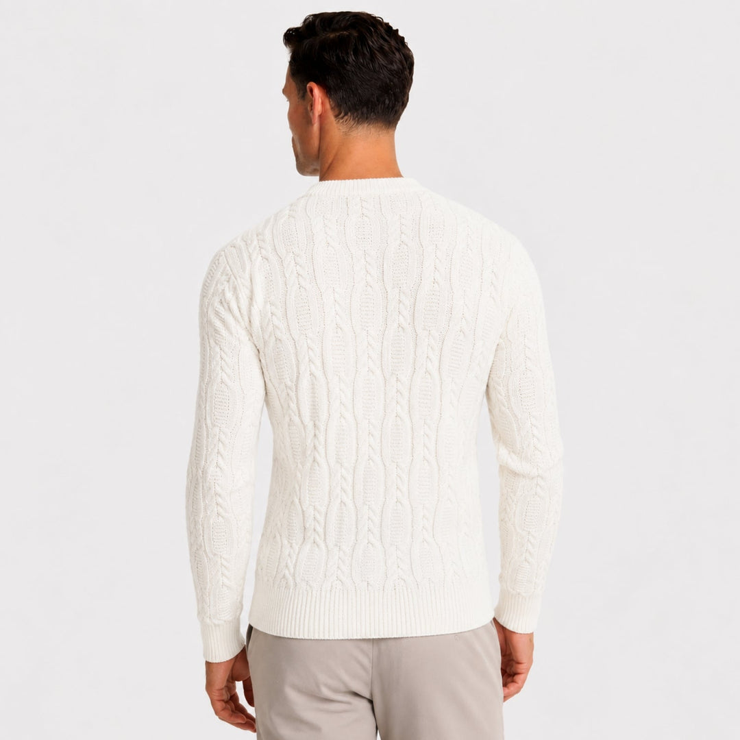 Men's cable knit crew neck sweater with long sleeves