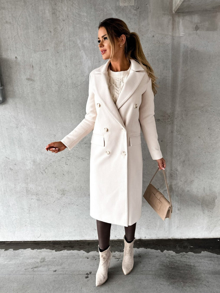 Women's long double-breasted coat with notched lapels
