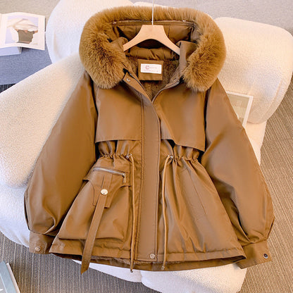 Women's hip-length parka jacket with fur-trimmed hood, drawstring waist and multiple pockets