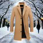 Men's knee-length button-front coat with notched lapels and long sleeves