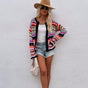 Women's multicoloured striped knit cardigan with V-neck and button front