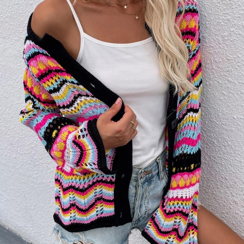 Women's multicoloured striped knit cardigan with V-neck and button front