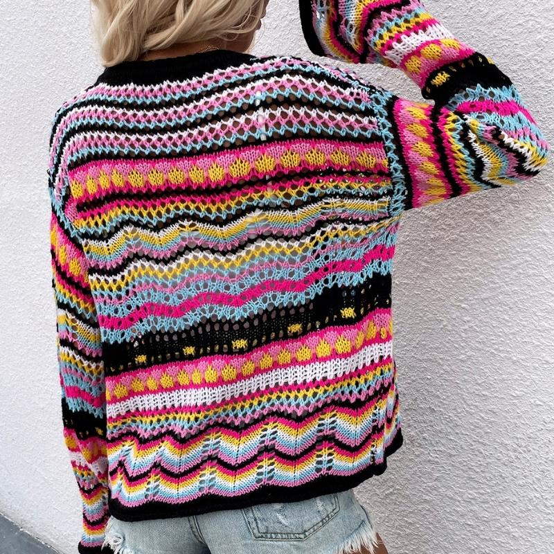 Women's multicoloured striped knit cardigan with V-neck and button front