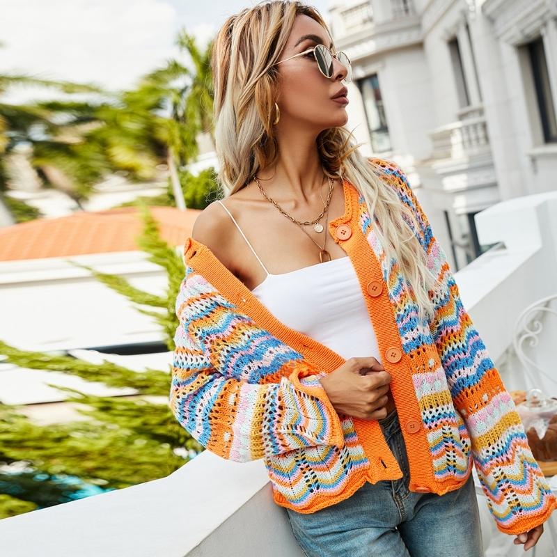 Women's multicoloured striped knit cardigan with V-neck and button front