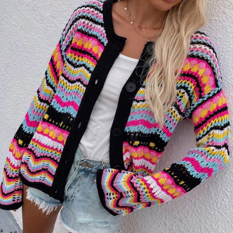 Women's multicoloured striped knit cardigan with V-neck and button front
