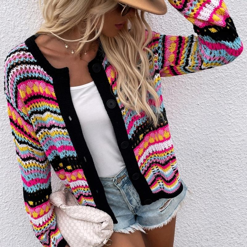 Women's multicoloured striped knit cardigan with V-neck and button front