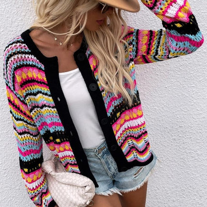 Women's multicoloured striped knit cardigan with V-neck and button front
