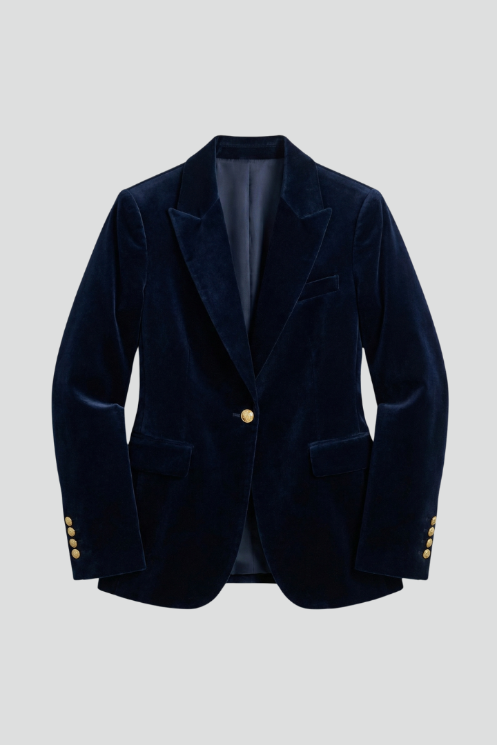 Women's tailored dark blazer with peaked lapels, gold-tone button and flap pockets