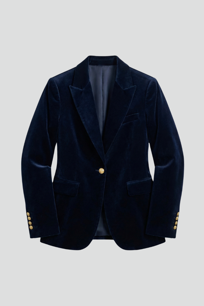 Women's tailored dark blazer with peaked lapels, gold-tone button and flap pockets
