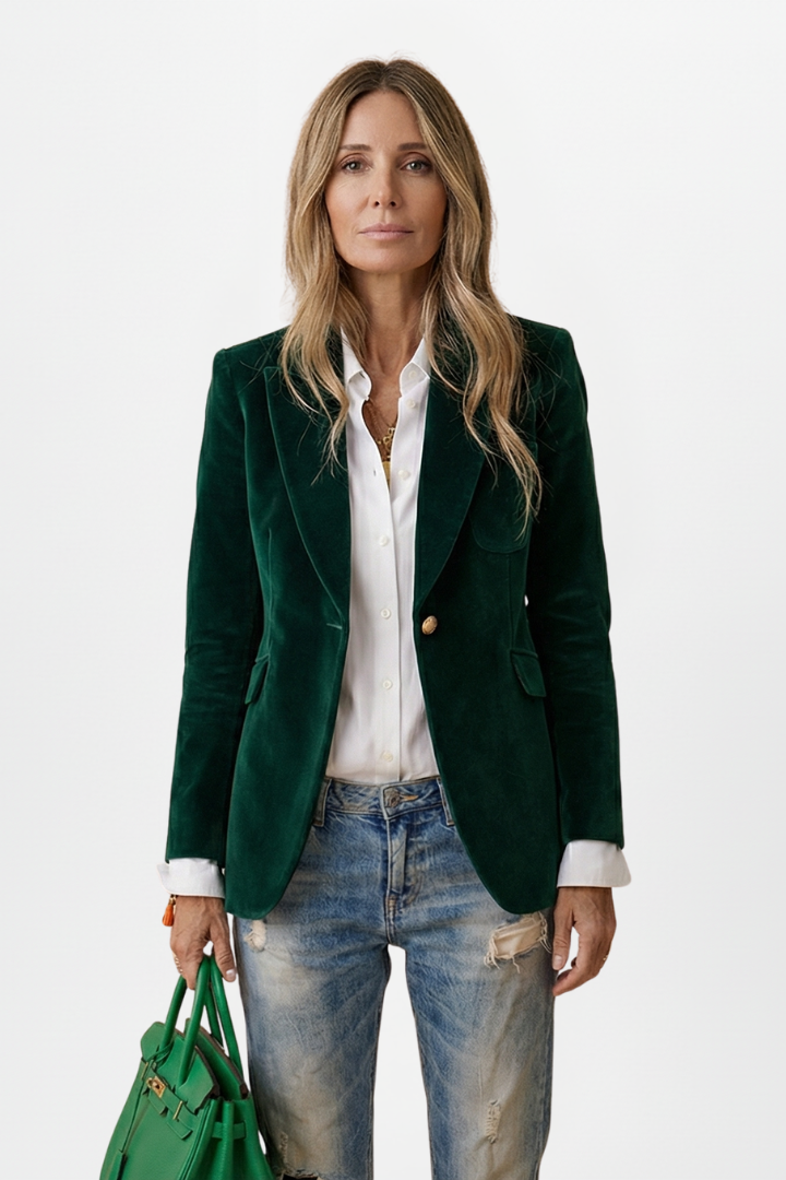 Women's tailored dark blazer with peaked lapels, gold-tone button and flap pockets