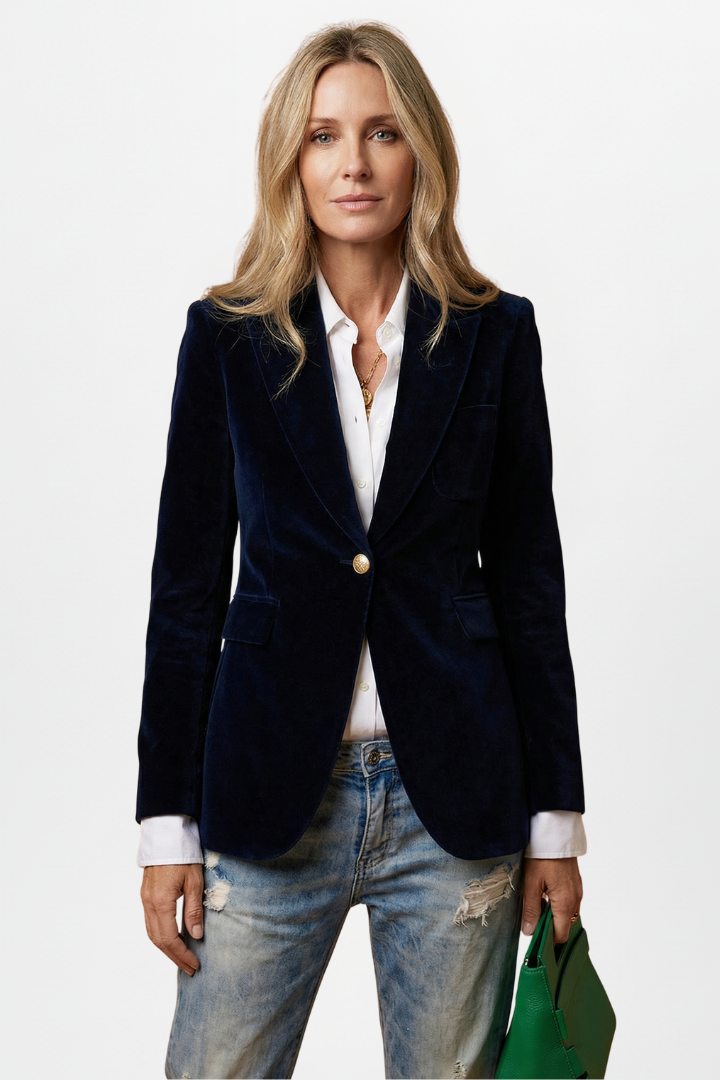 Women's tailored dark blazer with peaked lapels, gold-tone button and flap pockets