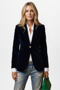 Women's tailored dark blazer with peaked lapels, gold-tone button and flap pockets