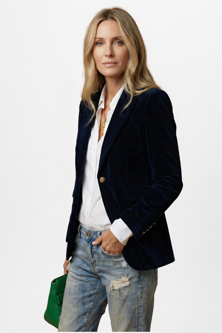 Women's tailored dark blazer with peaked lapels, gold-tone button and flap pockets