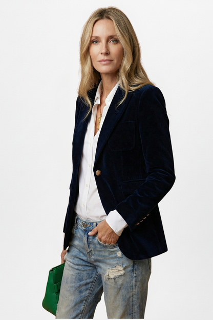 Women's tailored dark blazer with peaked lapels, gold-tone button and flap pockets