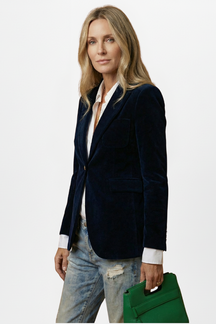 Women's tailored dark blazer with peaked lapels, gold-tone button and flap pockets
