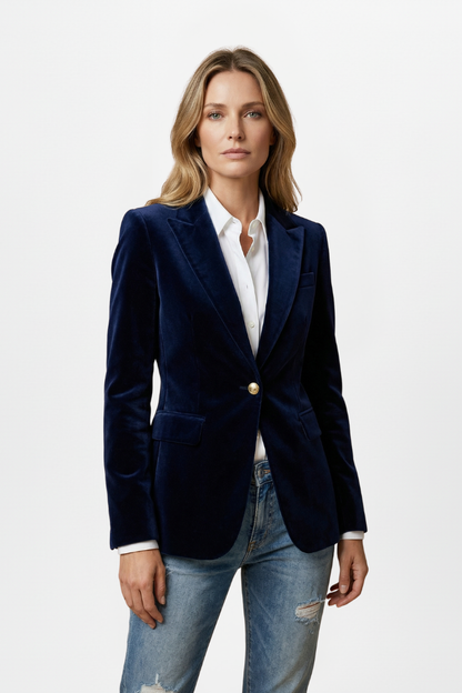 Women's tailored dark blazer with peaked lapels, gold-tone button and flap pockets