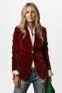 Women's tailored dark blazer with peaked lapels, gold-tone button and flap pockets