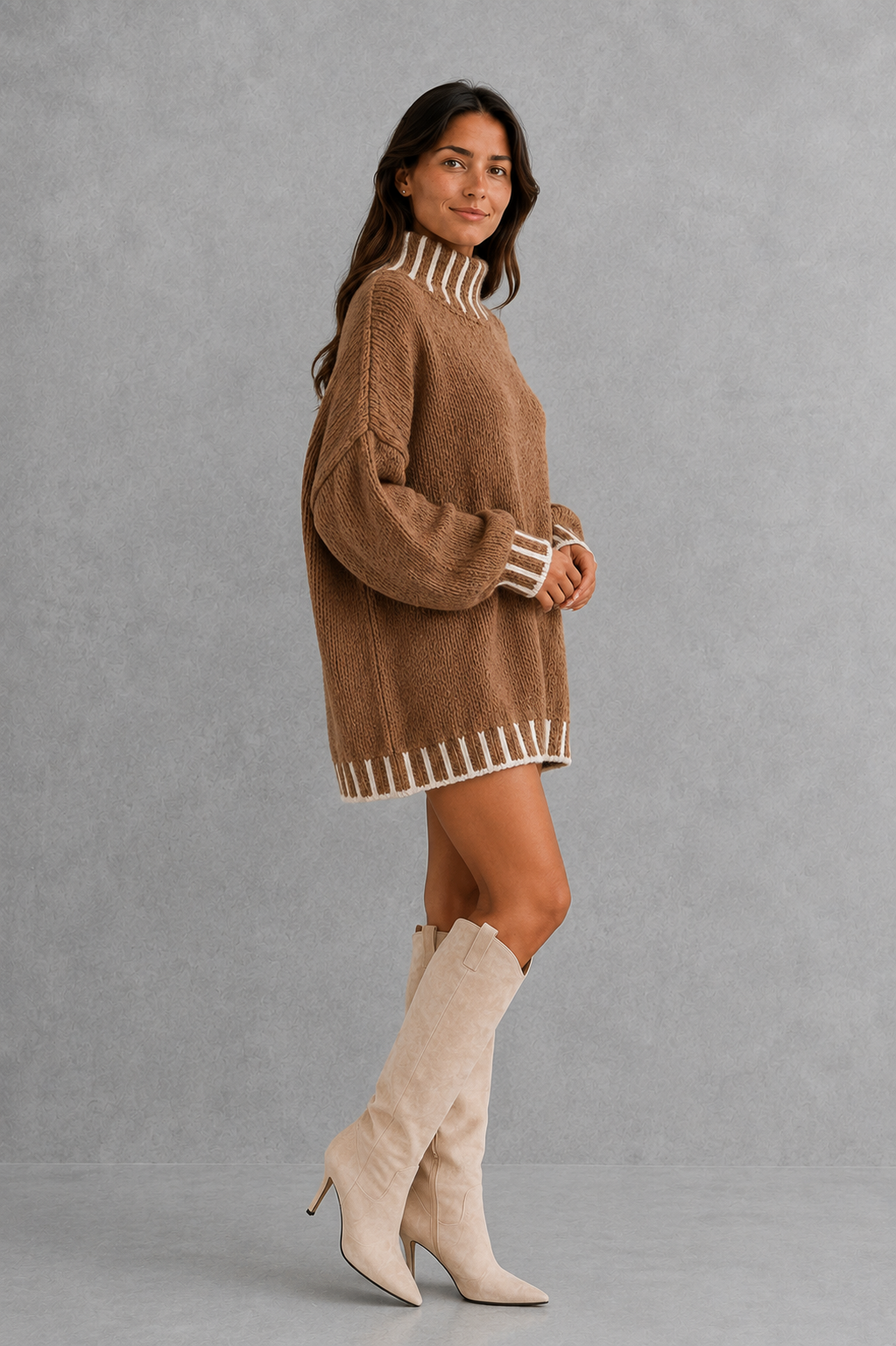 Women's khaki textured turtleneck sweater with contrast trim