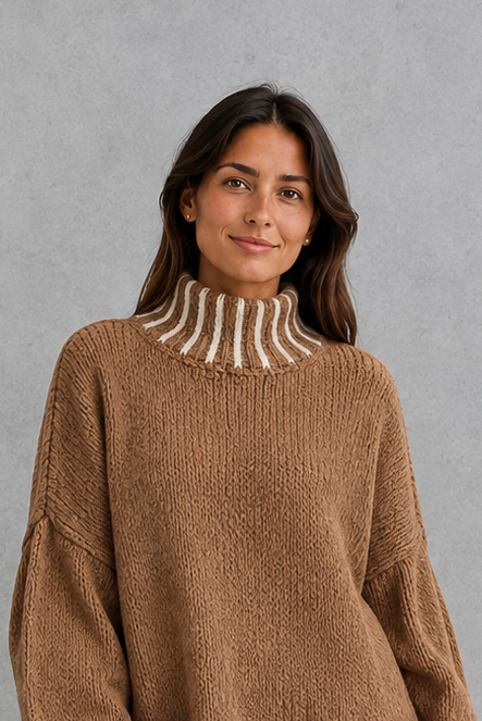 Women's khaki textured turtleneck sweater with contrast trim