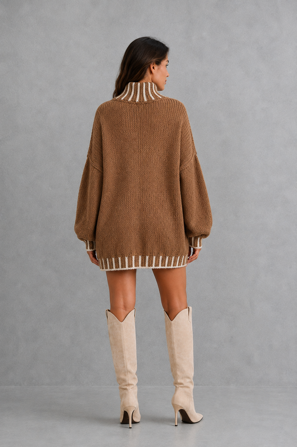 Women's khaki textured turtleneck sweater with contrast trim