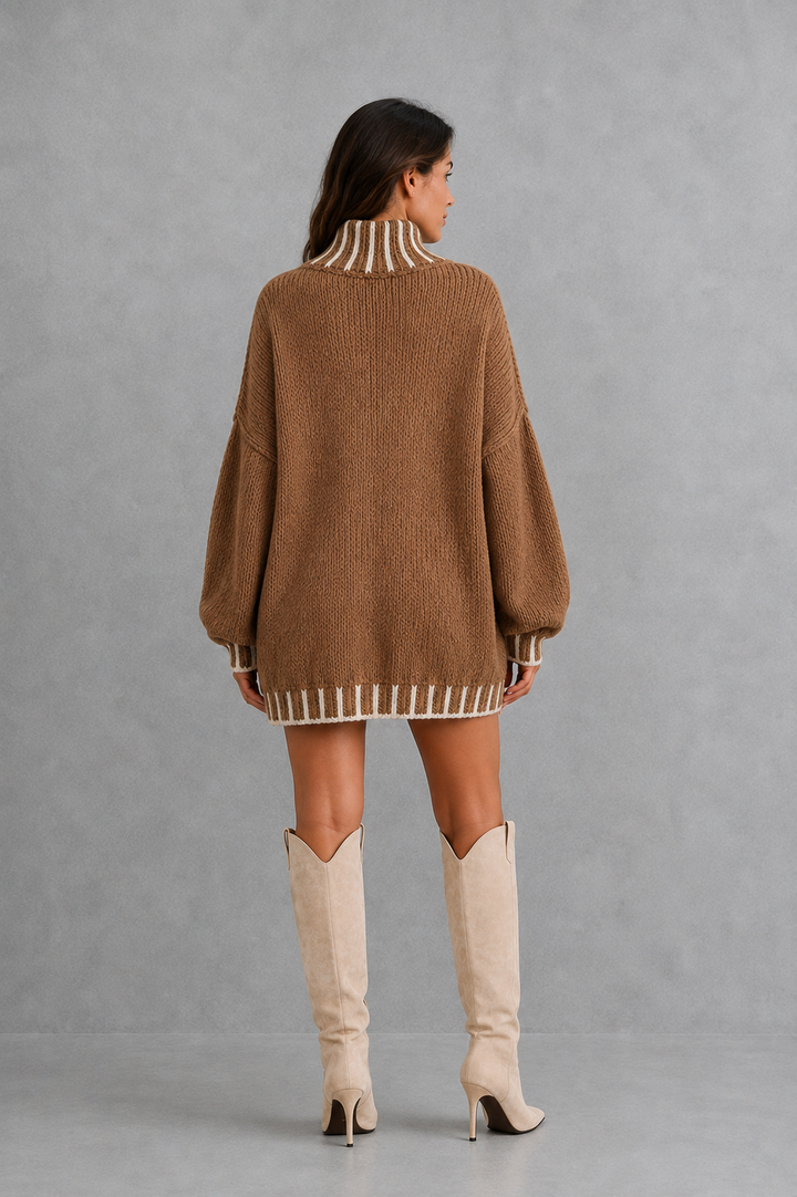 Women's khaki textured turtleneck sweater with contrast trim