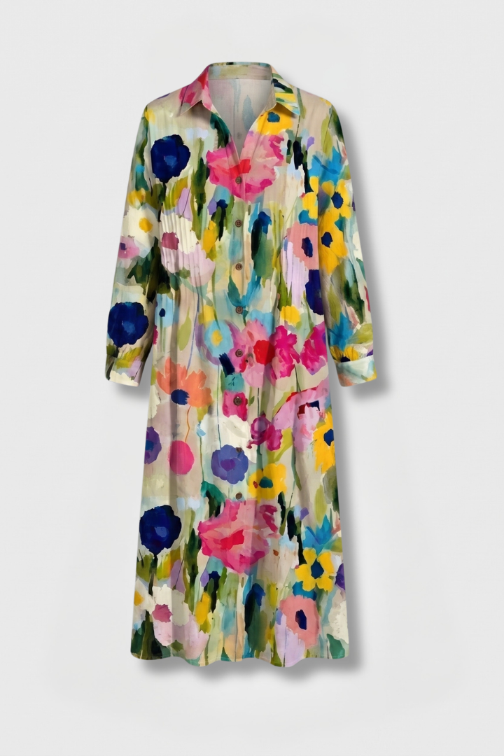 Women's Boho Printed Dress — Collared V-Neck Button-Front Long-Sleeve Casual Dress