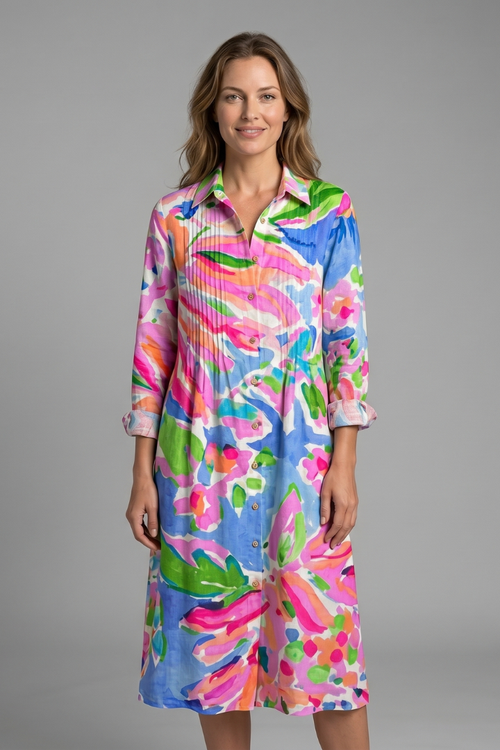 Women's Boho Printed Dress — Collared V-Neck Button-Front Long-Sleeve Casual Dress