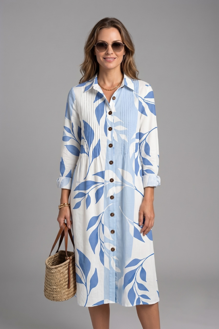 Women's Boho Printed Dress — Collared V-Neck Button-Front Long-Sleeve Casual Dress
