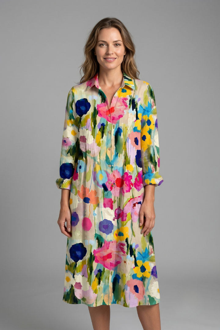 Women's Boho Printed Dress — Collared V-Neck Button-Front Long-Sleeve Casual Dress